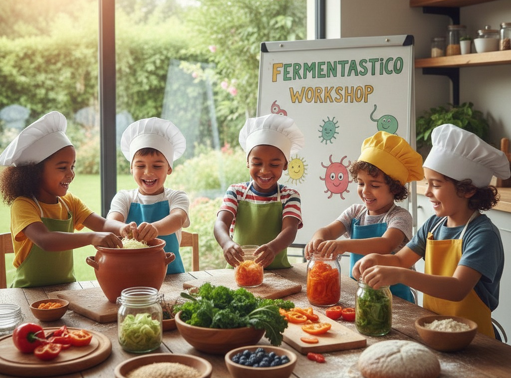 Fünf fröhliche Kinder mit Kochmützen und Schürzen nehmen begeistert an einem Fermentastico-Workshop in einer sonnendurchfluteten, rustikalen Küche teil. Sie schneiden Gemüse und füllen es in Gläser, wobei sie etwas über die Zubereitung von Lebensmitteln und Fermentation lernen.
