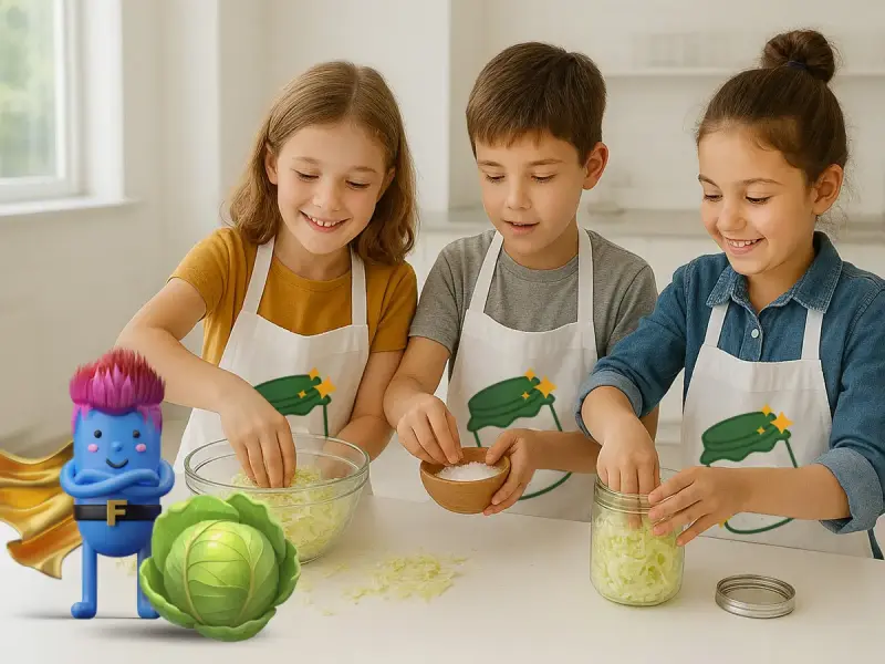 A group of kinds makes souerkraut next to Funky kraut